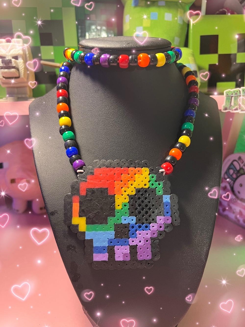 Rainbow skeleton perler beads necklace